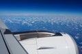 Aircraft engine and wing on the border of atmosphere and space. The edge of the troposphere. Horizon over the Earth