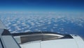Aircraft engine and wing on the border of atmosphere and space. The edge of the troposphere. Horizon over the Earth. War