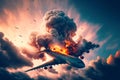 Aircraft explosion during flight. Airliner catastrophe. Plane accident in clouds. Generative AI Royalty Free Stock Photo