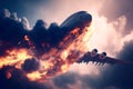 Aircraft explosion during flight. Airliner catastrophe. Plane accident in clouds. Generative AI