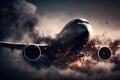 Aircraft explosion during flight. Airliner catastrophe. Plane accident in clouds. Generative AI