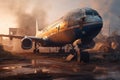 Aircraft explosion during landing. Airliner catastrophe. Plane accident on runway created by generative AI