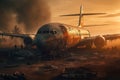 Aircraft explosion during landing. Airliner catastrophe. Plane accident on runway created by generative AI Royalty Free Stock Photo