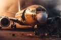 Aircraft explosion during landing. Airliner catastrophe. Plane accident on runway created by generative AI Royalty Free Stock Photo