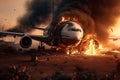 Aircraft explosion during landing. Airliner catastrophe. Plane accident on runway created by generative AI