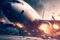 Aircraft explosion during landing. Airliner catastrophe. Plane accident on runway. Generative AI Royalty Free Stock Photo