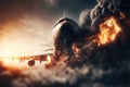 Aircraft explosion during landing. Airliner catastrophe. Plane accident on runway. Generative AI