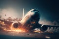 Aircraft explosion during landing. Airliner catastrophe. Plane accident on runway. Generative AI Royalty Free Stock Photo