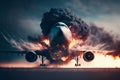 Aircraft explosion during landing. Airliner catastrophe. Plane accident on runway. Generative AI