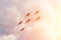 Aircraft fighter jets smoke the background of sky and sun Royalty Free Stock Photo