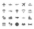 Aircraft flat glyph icons set. Airplane, helicopter, air taxi, skydiving, balloon, aero tube, paragliding vector Royalty Free Stock Photo