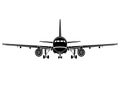 Aircraft flat icon, airplane silhouette, flying machine black and white drawing full face, plane front view, outline sketch,