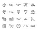 Aircraft flat line icons set. Airplane, helicopter, air taxi, skydiving, balloon, aero tube, paragliding vector