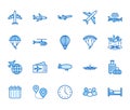 Aircraft flat line icons set. Airplane, helicopter, air taxi, skydiving, balloon, aero tube, paragliding vector