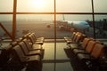 Aircraft flight preparation - fueling, catering, baggage services before airplane takeoff. Waiting area with chairs in