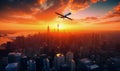 Aircraft flying over the metropolis. Plane over the mighty skyscrapers at sunset. Generative AI Royalty Free Stock Photo