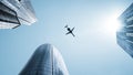 Aircraft flying over skyscrapers