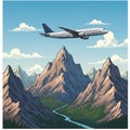 Aircraft flying over stylized mountain range with sharp peaks and dense forest below. Royalty Free Stock Photo