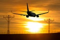 Aircraft flying at sunset.