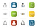 Aircraft icons set. Flat design, linear and color styles. Pilot, label, metal scanner gate symbol. Isolated vector