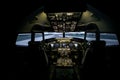 Aircraft interior, cockpit view inside the airliner. Point of view from a pilot place in a plane. Royalty Free Stock Photo