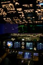 Aircraft interior, cockpit view inside the airliner. Point of view from a pilot place in a plane. Royalty Free Stock Photo