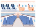 Aircraft interior design. Airplane cabin with passenger seats and portholes. Vector illustration Royalty Free Stock Photo