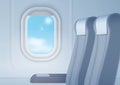 Aircraft interior with realistic smooth window and seats vector illustration. Royalty Free Stock Photo