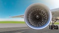 Aircraft jet engine close-up, airplane wing and chassis of landing gear wheel parked at the airport on a sky background, panorama. Royalty Free Stock Photo