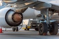 Landing gear of Aircraft and jet engine detail in the exposition. Turbine Engine Profile. Aviation Technologies. Royalty Free Stock Photo