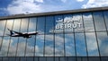 Airplane landing at Beirut Lebanon airport mirrored in terminal