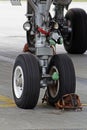 Aircraft landing gear and iron support shoes. Wheels tires tires. Parking plane handling.