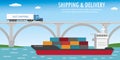 Aircraft,long truck on bridge and container ship,delivery and shipping concept banner Royalty Free Stock Photo