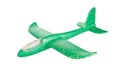 Aircraft made of PVC, foam plastic, airplane glider with removable wing, green, illuminated, isolated on a white Royalty Free Stock Photo