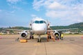 Aircraft maintenance parked in the open air airport, engine repair and mechanics check testing
