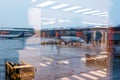 Aircraft maintenance at Sheremetyevo airport. Aeroflot. Ural Airlines. View through airport glass with reflection