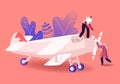 Aircraft Modeling Concept. Tiny Male and Female Characters Assembling Huge Airplane Model