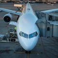 Aircraft with passage corridor/tunnel being prepared Royalty Free Stock Photo