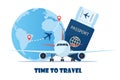 Aircraft, passport with air ticket, planet earth. Time to travel concept. Traveling by plane. International flight. Vector Royalty Free Stock Photo