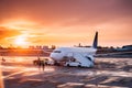 Aircraft Plane Boarding Passengers In Airport In Sunny Sunset Royalty Free Stock Photo