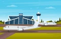 Aircraft Plane in Runway Airport Terminal Building Landscape Skyline Illustration Royalty Free Stock Photo