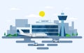 Aircraft Plane in Runway Airport Terminal Building Landscape Skyline Illustration Royalty Free Stock Photo