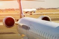 The turbine the aircraft plane is preparing to fly at the airplane on the runway the airport Royalty Free Stock Photo