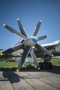 aircraft propellers. Hull, chassis, engines and propellers of an old plane. large, cargo, military aircraft with a large payload Royalty Free Stock Photo