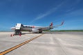 An aircraft ready for boarding at Miyako Shimojishima Airport in Shimoji island, Okinawa, Japan