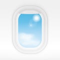 Aircraft realistic interior window with cloudy blue sky outside. Airplane windows travel or tourism vector concept. Royalty Free Stock Photo