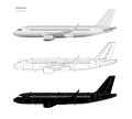 Aircraft in realistic and outline style. Black silhouette of plane. Side view of airplane. Industrial isolated blueprint