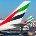 The Emirates aircraft rudders on Dubai International Airport.