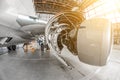 Aircraft service, view of the open engine hood.