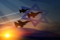 Aircraft silhouettes on background of sunset with a transparent waving Israel flag. Military aircraft.